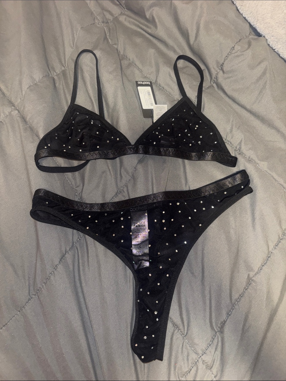 NWT Boohoo Black Rhinestone Triangle Bikini Set